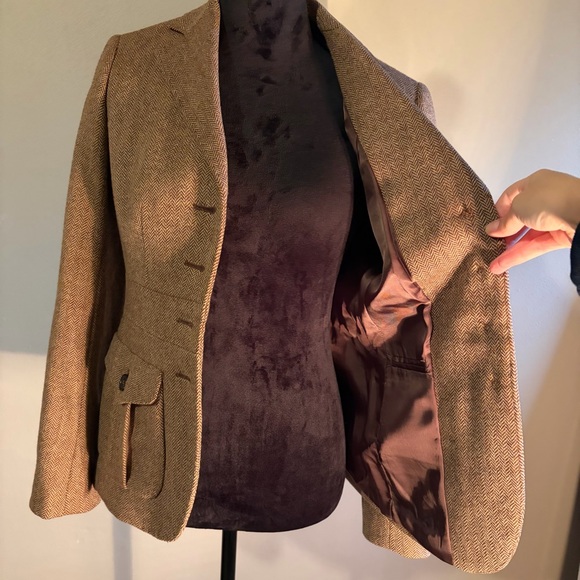 Like New Brooks Brothers Brown Wool Herringbone Lined Blazer Pockets Womens Sz 4 - Picture 7 of 13